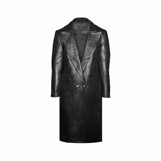 HALLOWS DOUBLE BREASTED PEAK COLLAR LONG COAT IN LEATHER