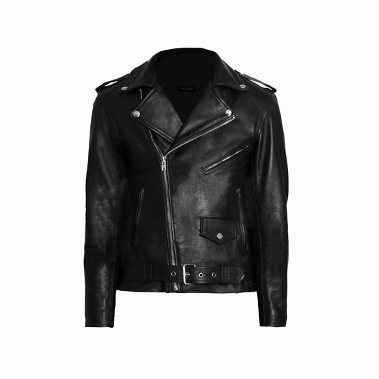 "Classic black leather motorcycle jacket with a pointed collar, low-grain 1.2 mm cowhide, and luxurious black mulberry silk lining."