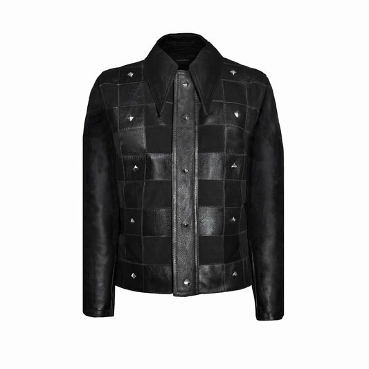 "Black leather short jacket with a pointed gothic collar, silver diamond studs, and hidden front zipper, crafted from 1.2 mm cowhide and lined with black mulberry silk."